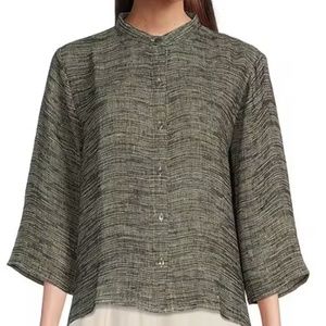 NWT Organic Linen Gauze Mandarin Collar 3/4 Sleeve Button Front Shirt